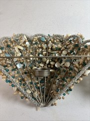 Beaded & Shells Wall Sconces 9”H 11”W Pair Votives Blue/Silver/Tan Beach Ocean