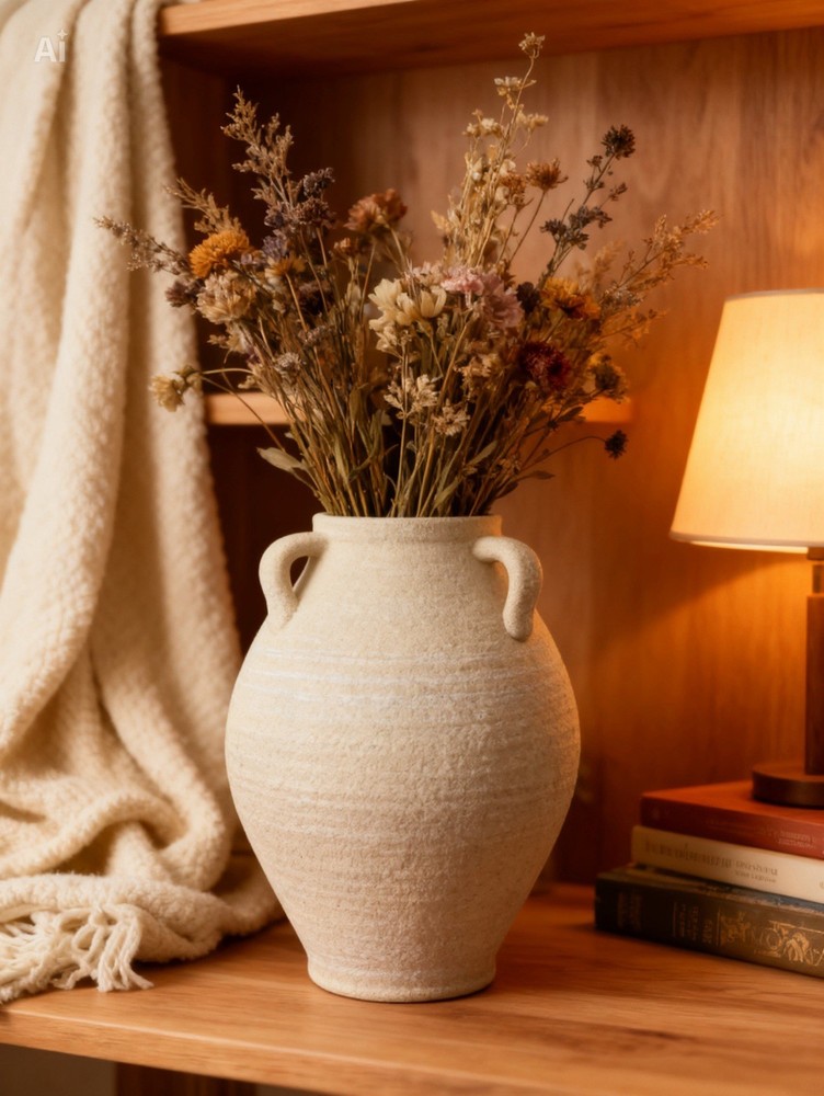 Ceramic Vase Rough Texture – Rustic Amphora Style Rustic with 4 Sashes 12.5 IN