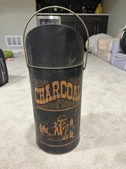 Metal Charcoal Bucket/Can with Handle, Black with Orange “CHARCOAL” Lettering