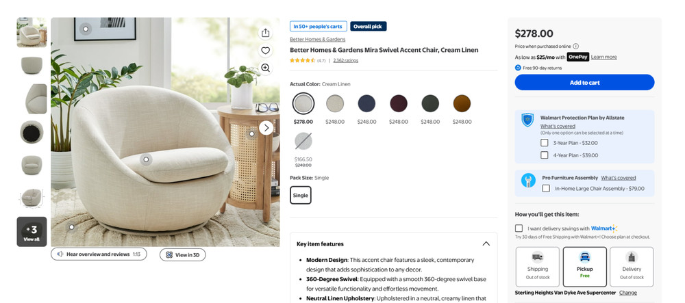 2 PACK – Better Homes & Gardens Accent Swivel Chair – Cream (2 Per pallet)
