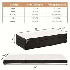4-Inch Tri-Fold Memory Foam Folding Mattress Topper Portable for Camping, Guest