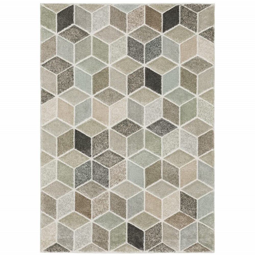 8′ X 11′ Beige Brown Grey Tan Sage And Pale Blue Geometric Power Loom Stain
