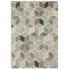 8′ X 11′ Beige Brown Grey Tan Sage And Pale Blue Geometric Power Loom Stain