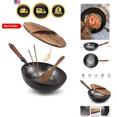 Wok Pan 125 Inch Carbon Steel Flat Bottom Stir Fry Pan with Lid for All Stoves