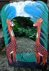 Vtg Hand Carved Painted WOOD MIRROR Jungle Giraffes 18.5″ Orange Green Blk BALI