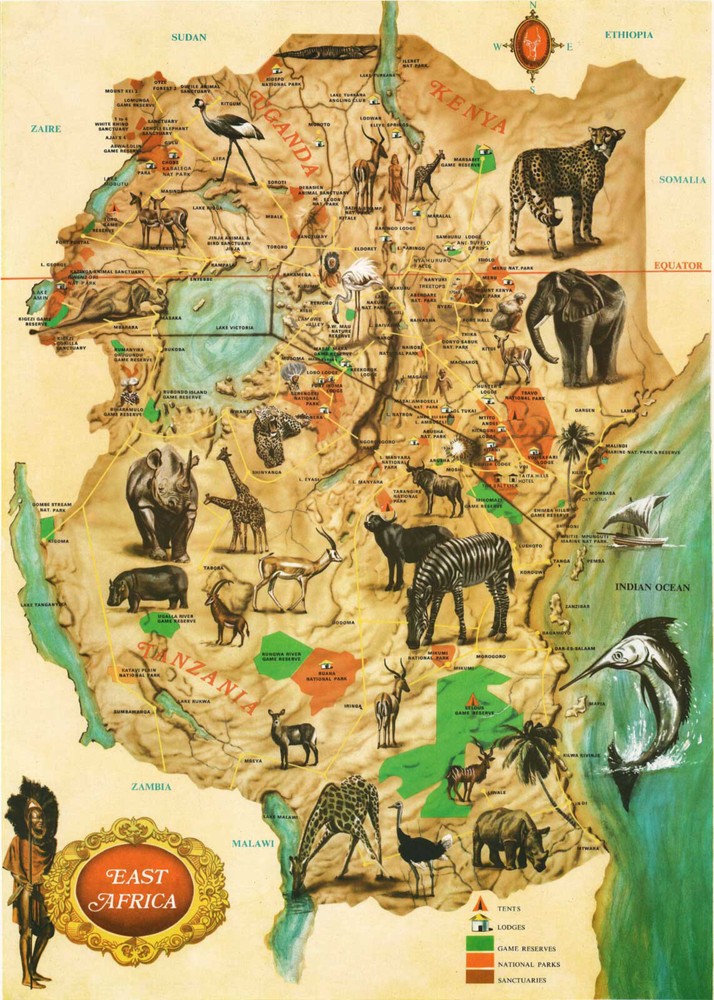 Mid-Century Pictorial Map of East Africa Kenya, Tanzania, Uganda Wall Art Poster