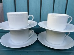 france 8-PC SET APILCO WHITE HEMSTITCH 4 CUPS + 4 MATCHING SAUCERS mugs BEADED