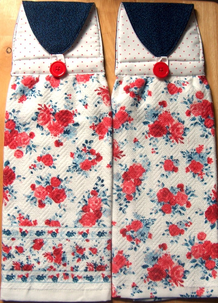 NEW HANDMADE SET of 2 HANGING KITCHEN TOWEL, RED WHITE BLUE TOSS FLORAL