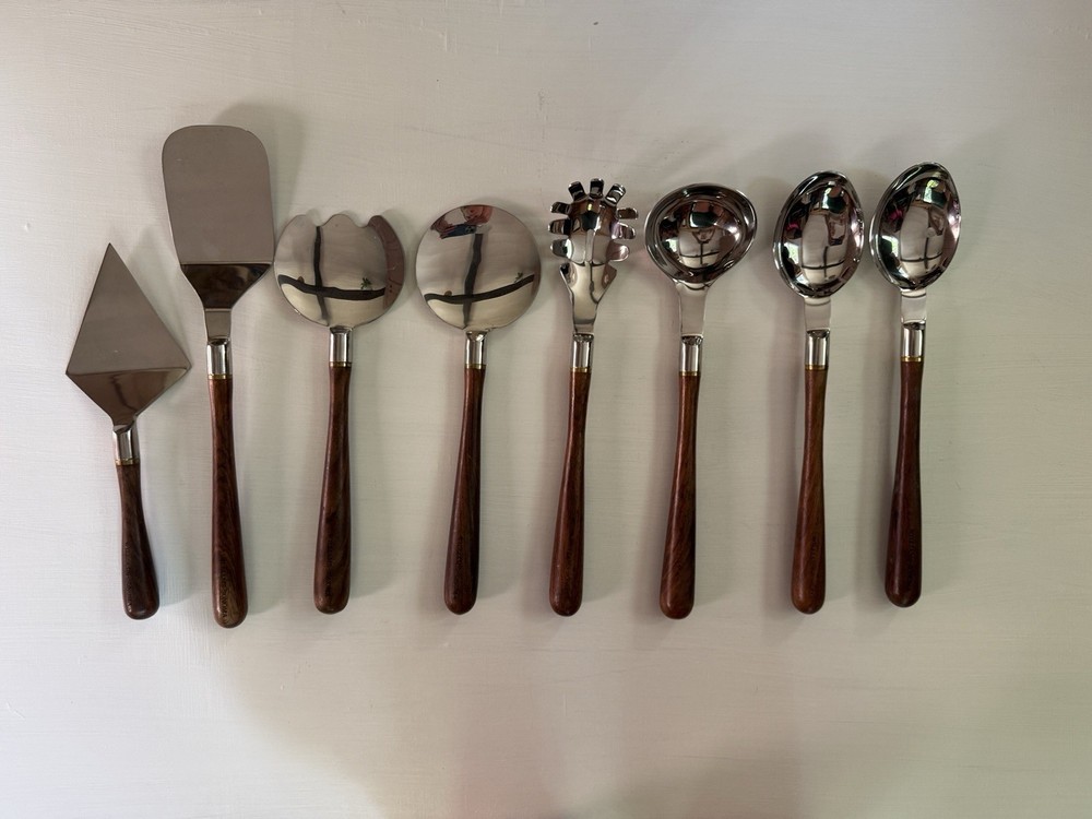 WILLIAMS SONOMA SET OF 8 Stainless Steel & Engraved Wood Kitchen Utensils 13”