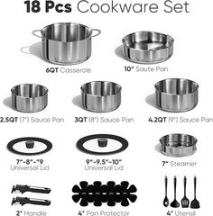 18Pcs Stainless Steel Cookware Set with Detachable Handle, Nonstick