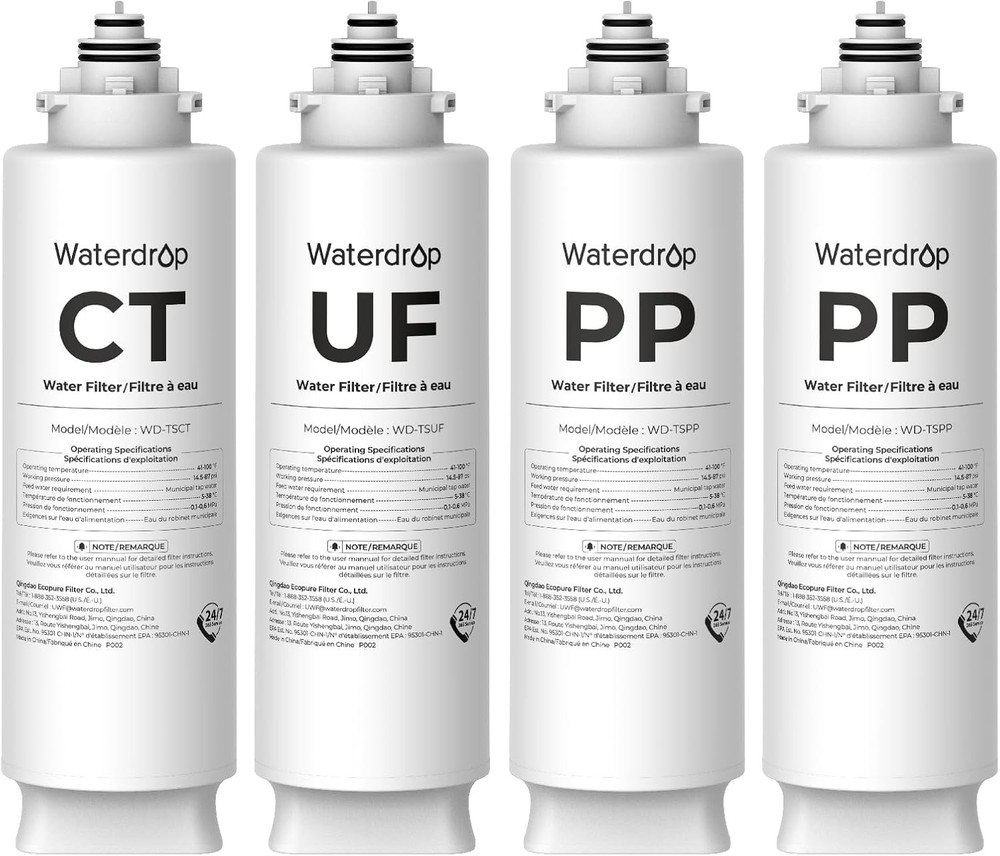 Waterdrop TSU 1-Year Under Sink Water Filter Replacement, 4-Pack (2PP+1UF+1CT)