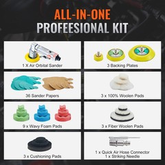 VEVOR 58PCS Air Sander Kit 1/2/3in Random Orbital Air Sander Polisher 15000r/min