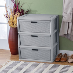 Wide 3 Drawer Tower, Plastic Storage Organizer with Removable Decorative Bins, E
