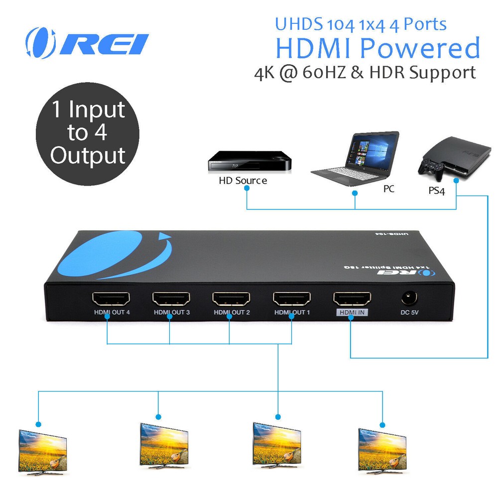 OREI UltraHD 4K @ 60 Hz HDMI Splitter 1 in 4 Out HDMI 2.0 UHDS-104