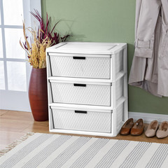 Sterilite Wide 3 Drawer Cross Weave Tower, White Plastic Storage Chest Organizer