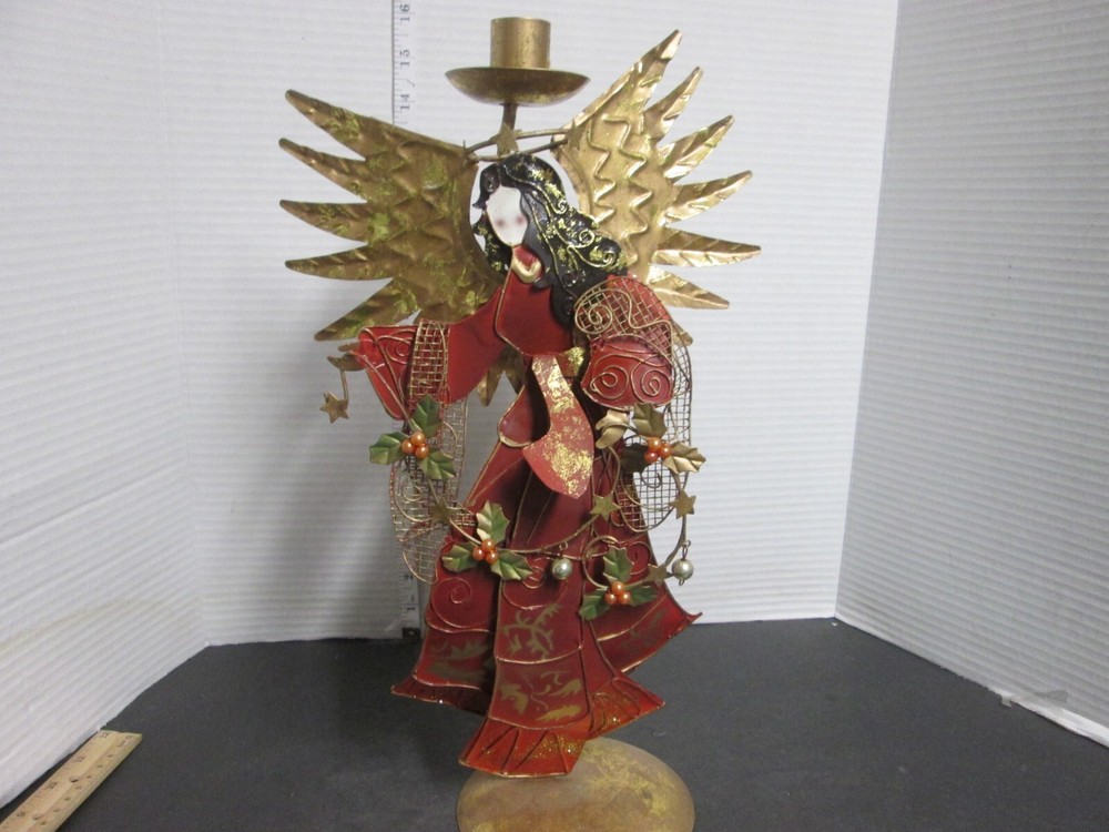 15.5 in Metal Angel Candle Taper Holder Christmas Red Gold