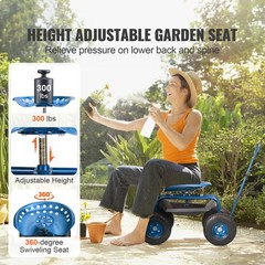 VEVOR Rolling Garden Cart with Seat and Wheels Extendable Steer Handle Blue