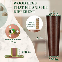 Yes4All 6-Inch round Wooden Furniture Legs Set of 4, Adjustable Replacement Feet