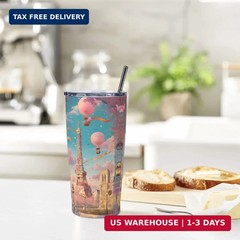 Paris Eiffel Tower Tumbler with Lid and Straw 20oz Coffee Tumblers Leakproof Sta