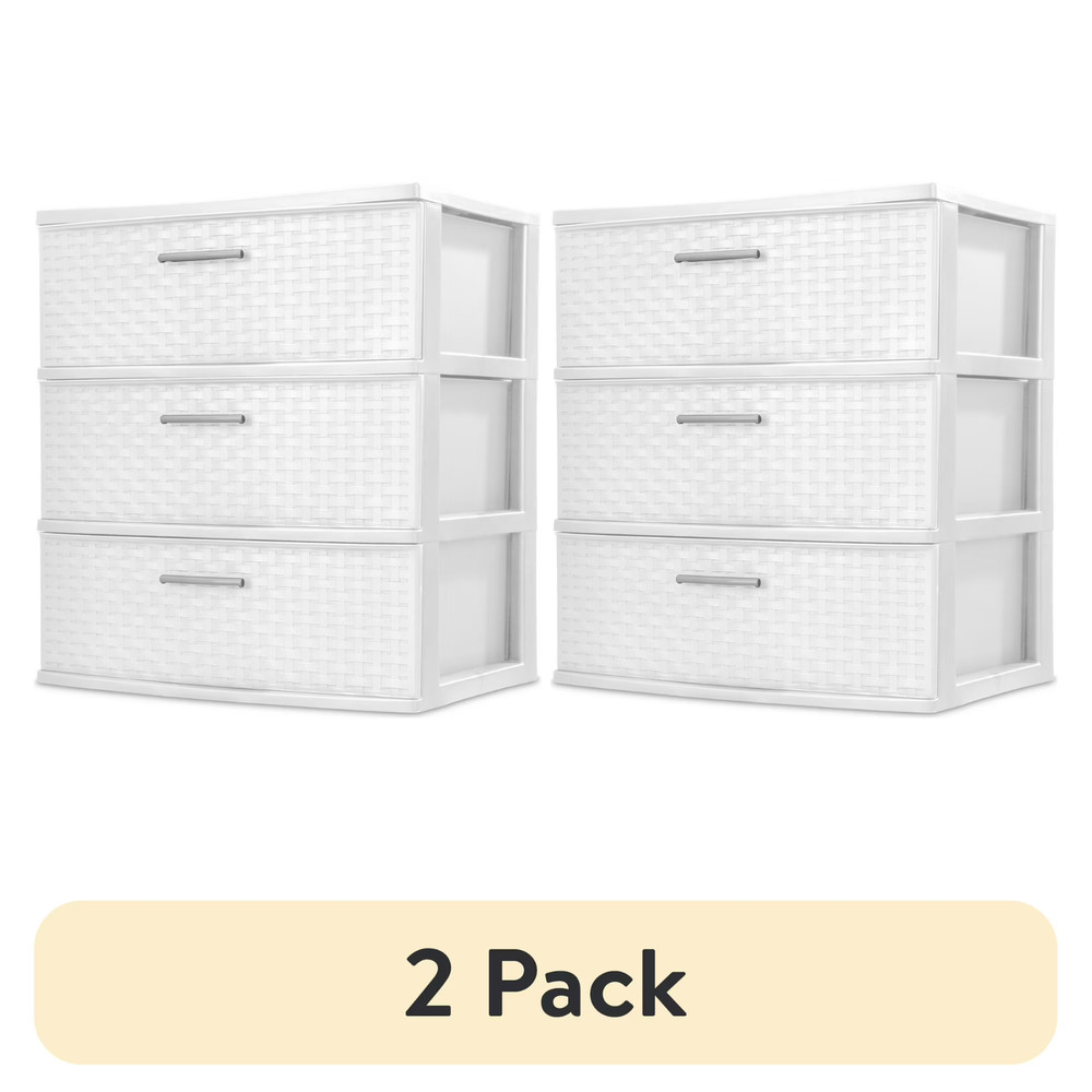 (2 pack) Sterilite 3 Drawer Wide Weave Tower, Plastic Décor Drawers with Pull Ha