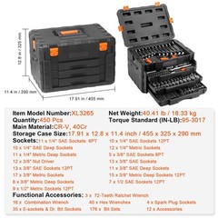 VEVOR Mechanics Tool Set and Socket Set 1/4in 3/8in 1/2 in Drive Sockets 450Pcs