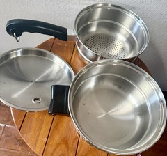 Vtg 2 Qt Saladmaster 3 Piece Double Boiler Steamer Pot Pan Set Stainless~MINT