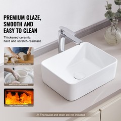 VEVOR Modern Ceramic Vessel Sink 16″ x 12″ Bathroom Vanity Bowl Countertop White