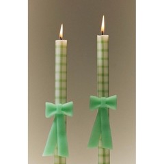 Anthropologie Green Gingham Bow Taper Candles Set of 2 Hand Sculpted 9.8 in NEW
