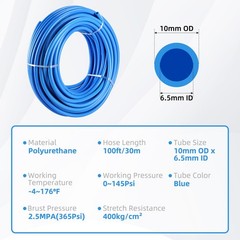 NORJIN 100ft 10mm OD 6.5mm ID Polyurethane PU Air – 100ft/30m, Blue