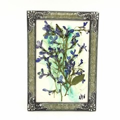 Botanical Art Pressed Blue Flowers In Ornate Metal Frame 6.75 X 4.5 Inch Signed