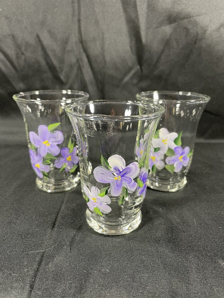 Set Of 3 Hand Painted Glasses African Violets Hand Wash Only 3 Inches Tall