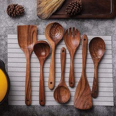 Natural Teak Wooden Cooking Utensils 7pc Set Non-Stick Spatula Spoons Kitchen