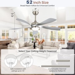 Nickel+Silver,52-in,Smart Ceiling Fan,Stepless Dimmable Lights,Voice+APP+Remote.