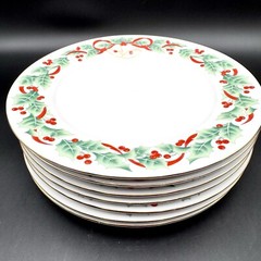 VTG 1990 SANGO NOEL 10.25″ Dinner Plates 8401 Christmas Holly & Ribbons SET/7
