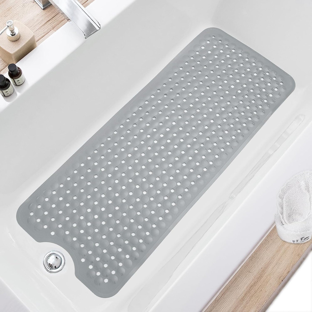 Extra Large Non-Slip Bath Mat 40×16, Machine Washable with Drain Holes, Gray