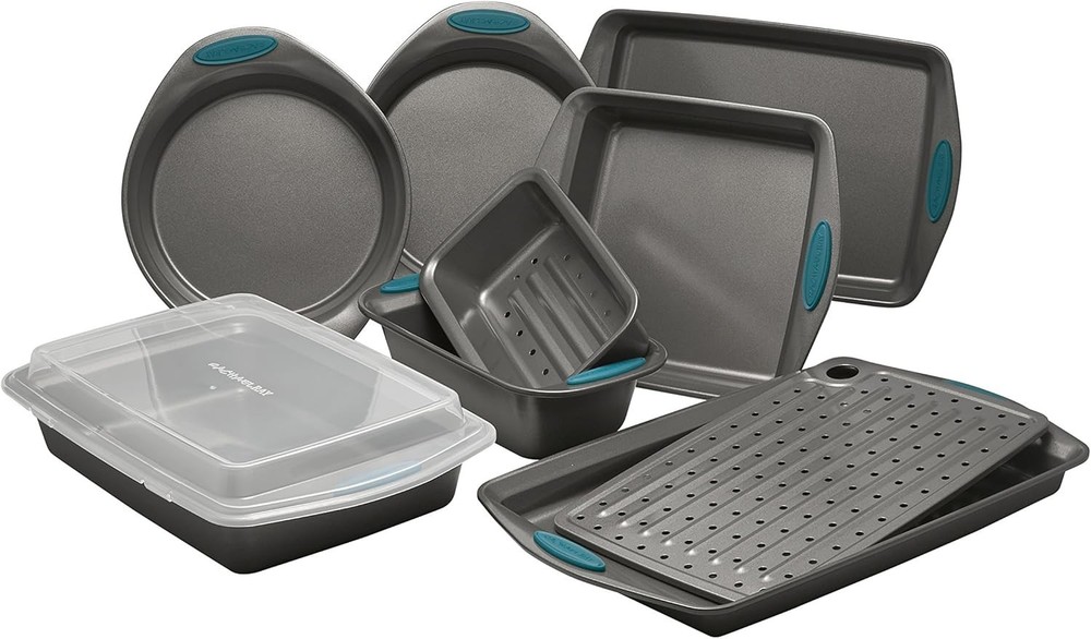 Bakeware Set Nonstick Oven Safe Steel Gray Marine Blue 10 Piece Cookie Cake Pan