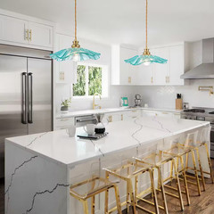 11.02 In. 1-Light Modern Blue Hanging Pendant Light with Flower Shaped Glass Sha