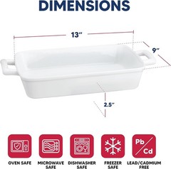 Rectangular Lasagna Pan with Handles, Fine White Porcelain, 13 x 9 x 2.5-Inches